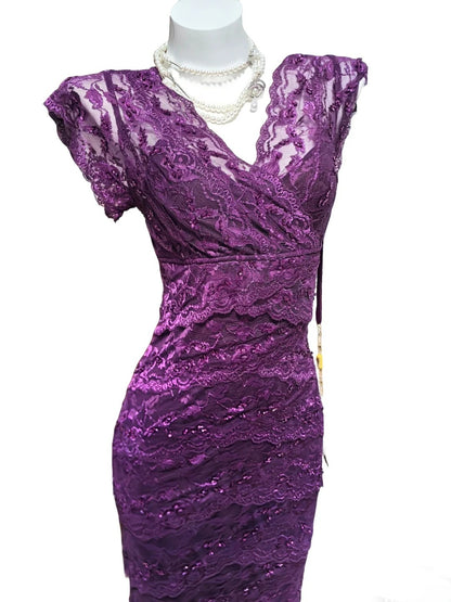 Robe fourreau sexy sans manches à col en V et dentelle raisin pour femme, idéale pour le bal de fin d'année, les soirées lycéennes ou les 21 ans (AS042)