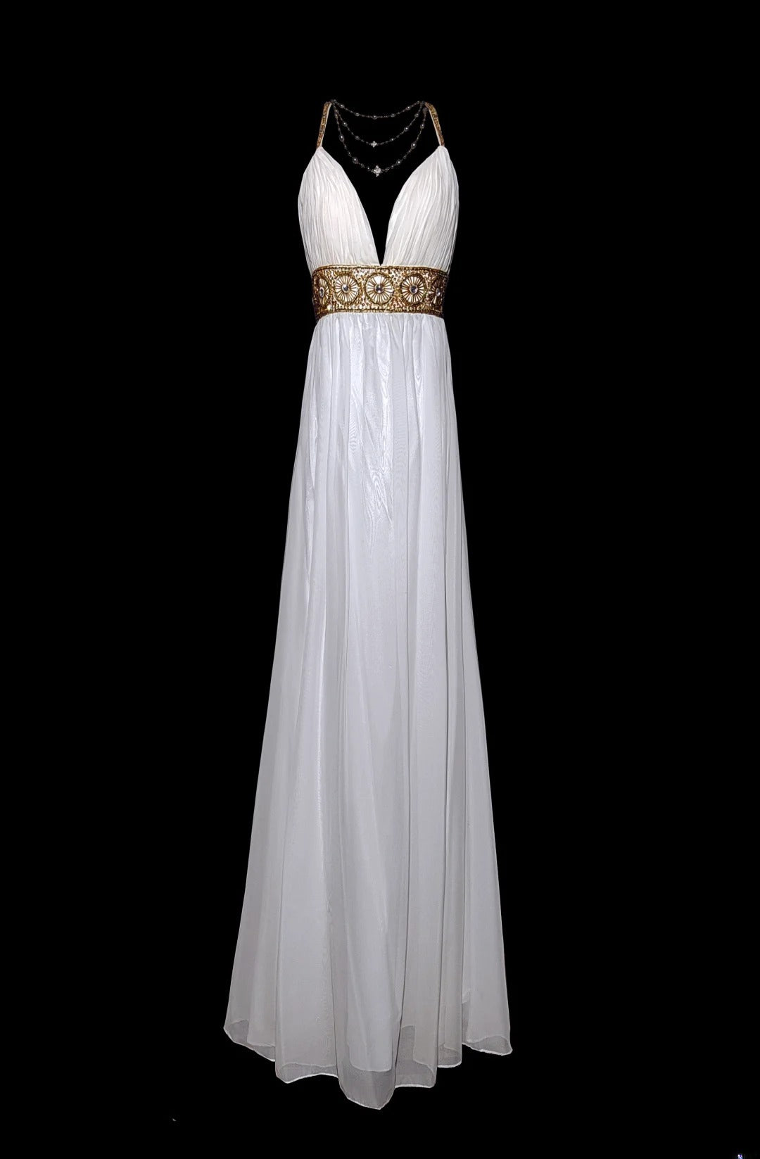 Retro 60er Jahre A-Linie Chiffon Weiß Blau mit Goldperlen Ärmelloses Langes Ballkleid für High School Abschlussball AS042