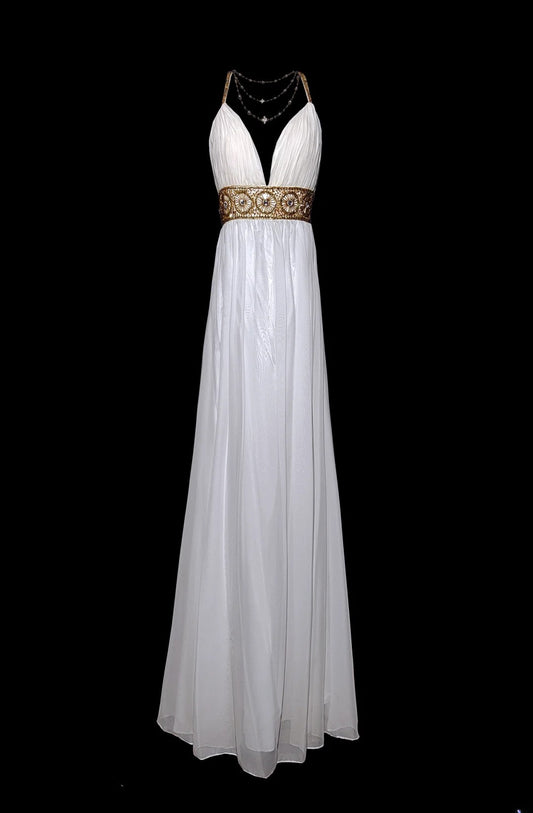 Retro 60s A Line Chiffon White Blue With Gold Beads Sleeveless Long Prom Dresses High School Senior Graduation Dance Party Outfits AS042