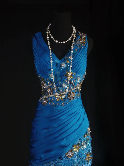 Vintage Prom Dresses 90s Formal Mermaid V Neck Royal Blue Chiffon With Beadings Lace Long Party Gowns Prom Dresses AS042