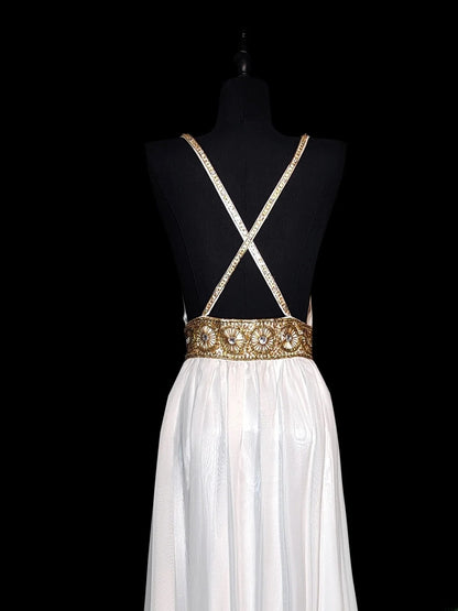 Retro 60er Jahre A-Linie Chiffon Weiß Blau mit Goldperlen Ärmelloses Langes Ballkleid für High School Abschlussball AS042