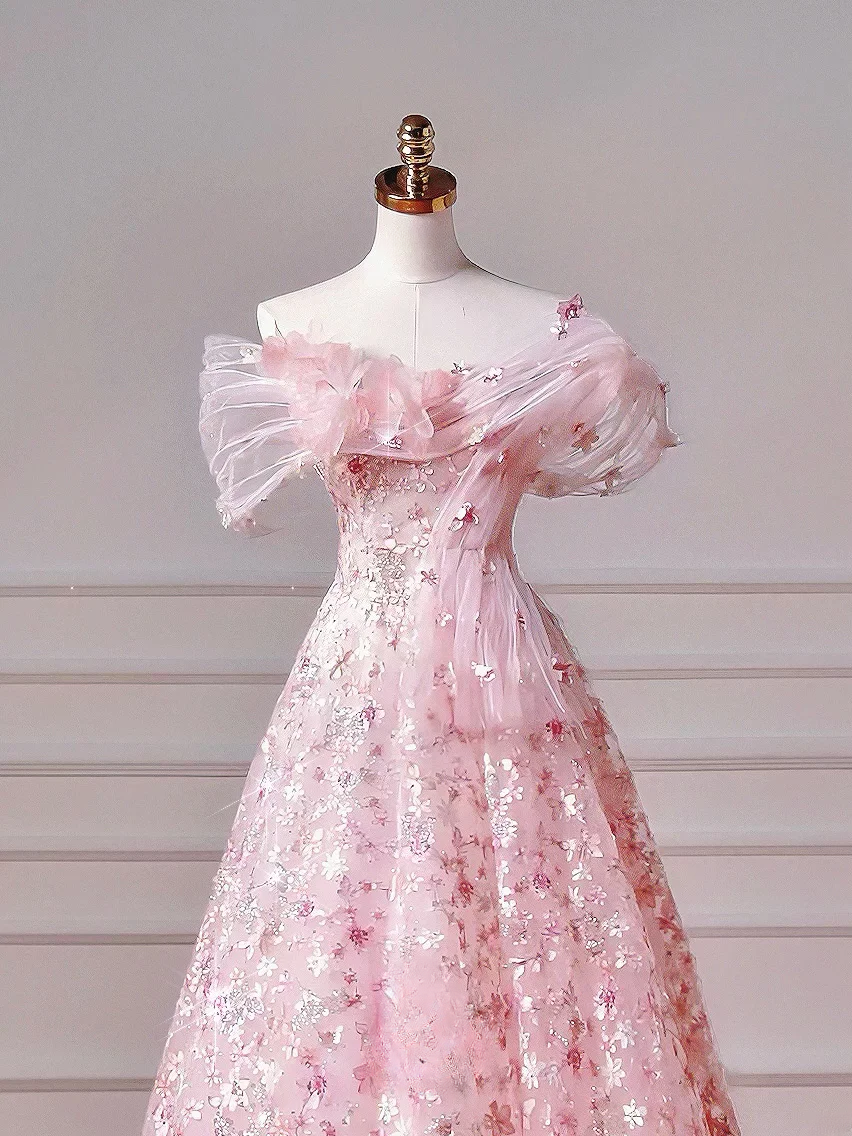 Elegantes, schulterfreies, pinkes Paillettenkleid für Teenager und Mädchen (AQ042)