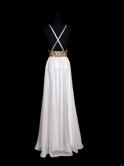 Retro 60er Jahre A-Linie Chiffon Weiß Blau mit Goldperlen Ärmelloses Langes Ballkleid für High School Abschlussball AS042