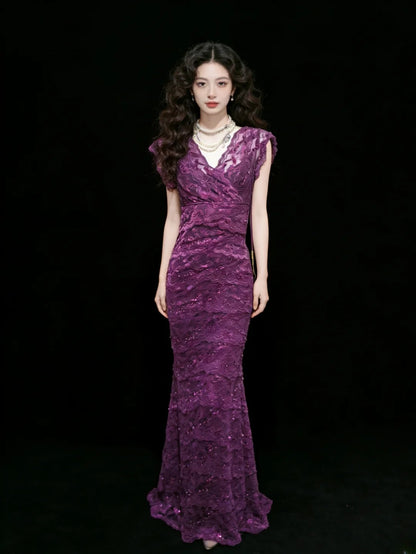 Robe fourreau sexy sans manches à col en V et dentelle raisin pour femme, idéale pour le bal de fin d'année, les soirées lycéennes ou les 21 ans (AS042)
