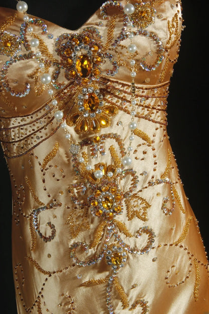 Vintage-Abendkleider im Stil der 90er Jahre, formell, Meerjungfrau, Neckholder, goldener Seidensatin mit Perlenstickerei, lange Partykleider, Ballkleider AS043