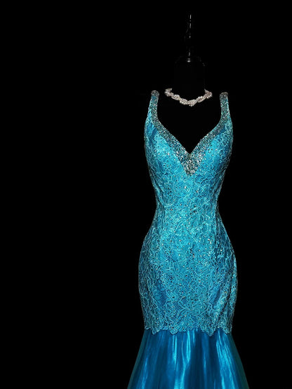 Vintage Meerjungfrauen-Abendkleid aus den 1950er Jahren, blauer Satin mit Applikationen, langes Ballkleid für den Schulabschlussball, AS043