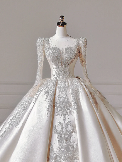 Princess Long Wedding Gowns Ball Gown Square Neck For Bride With Long Sleeves Appliques Beaded Bodice Bridal Dress AQ043