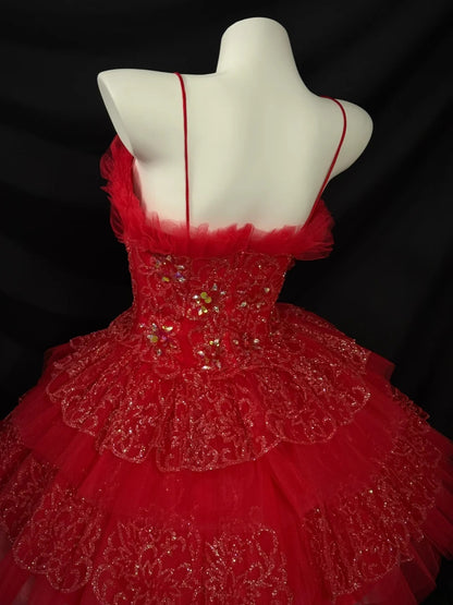 Hübsches Ballkleid Spaghettiträger Rot Tüll Mini Abschlusskleider Kurz Mit Rüschen Inspo Senior Homecoming Outfits RB3446