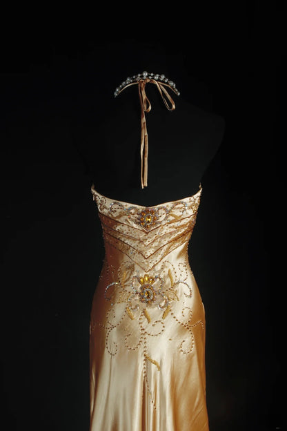 Vintage-Abendkleider im Stil der 90er Jahre, formell, Meerjungfrau, Neckholder, goldener Seidensatin mit Perlenstickerei, lange Partykleider, Ballkleider AS043