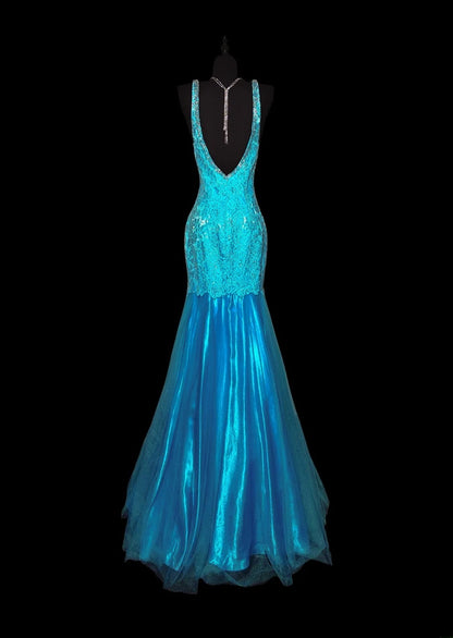 Vintage Meerjungfrauen-Abendkleid aus den 1950er Jahren, blauer Satin mit Applikationen, langes Ballkleid für den Schulabschlussball, AS043