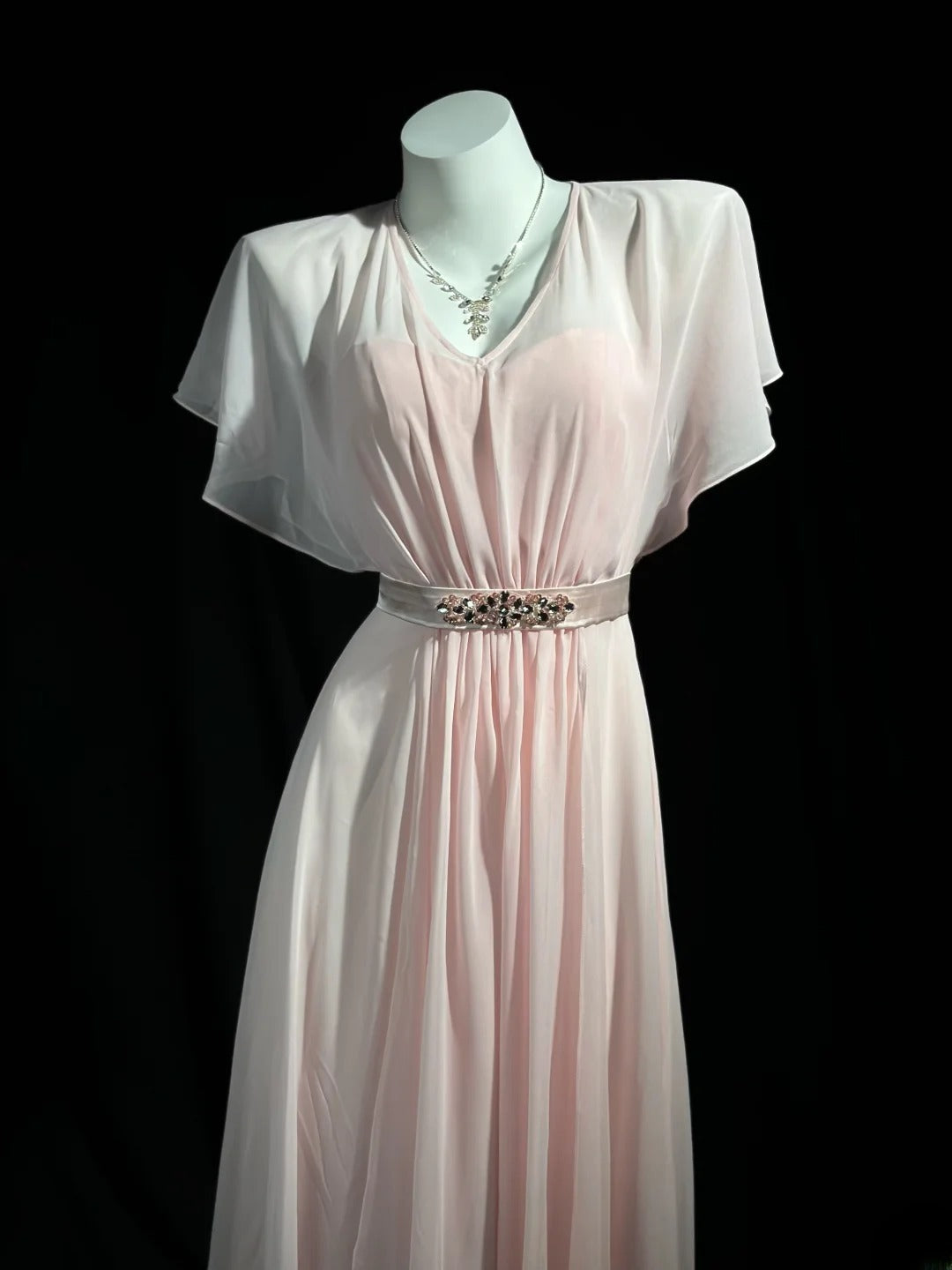 Understated Prom Dresses A Line V Neckline PinK Chiffon With Sleeves Evening Dress Formal Outfits RB5851