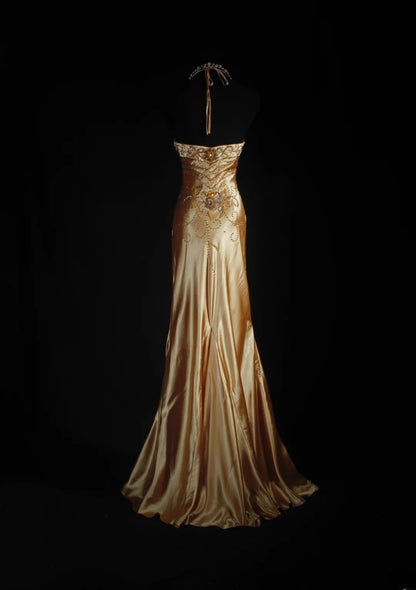 Vintage-Abendkleider im Stil der 90er Jahre, formell, Meerjungfrau, Neckholder, goldener Seidensatin mit Perlenstickerei, lange Partykleider, Ballkleider AS043