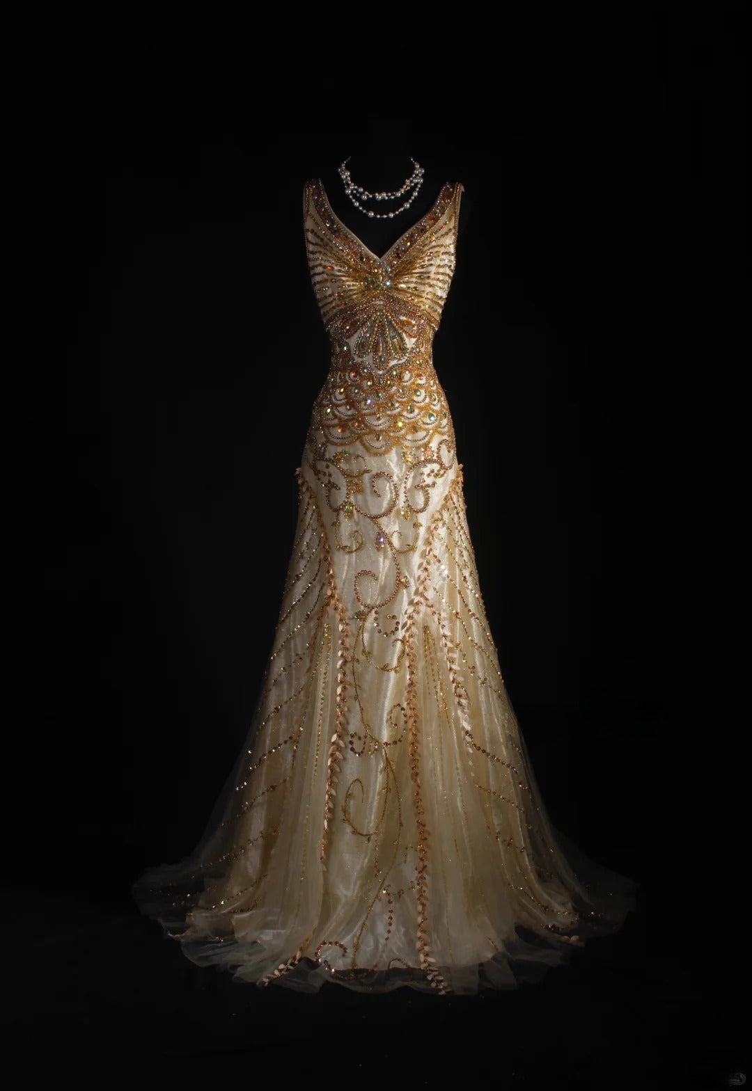 Robe de bal vintage années 90, coupe sirène, col en V, tulle doré orné de perles, robe de soirée longue AS044