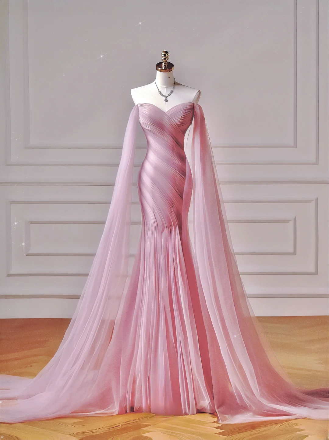 Robe de bal modeste, style sirène, épaules dénudées, en tulle rose, manches longues, idéale pour les adolescentes et les lycéennes (AQ044)