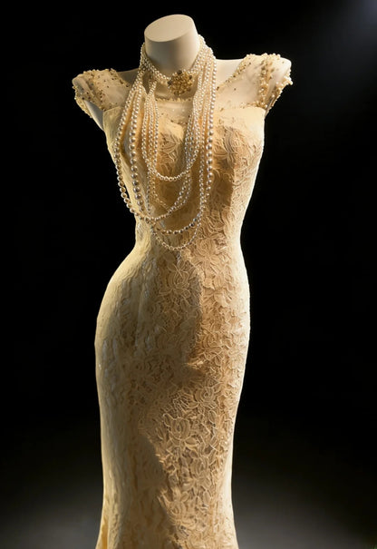 Robe de bal longue sexy sirène à col bateau en dentelle champagne sans manches pour femme, tenue de fin d'année scolaire (21 ans) AS044