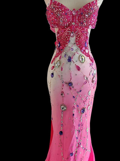 Robe de soirée longue sirène à fines bretelles, blanche et rose ombré, inspiration pour bal de fin d'année AS044