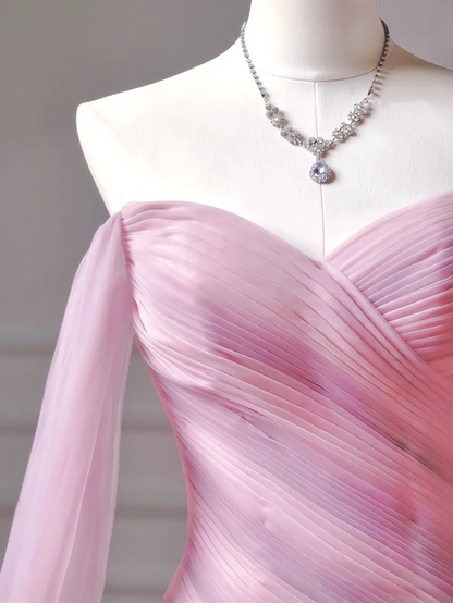 Robe de bal modeste, style sirène, épaules dénudées, en tulle rose, manches longues, idéale pour les adolescentes et les lycéennes (AQ044)