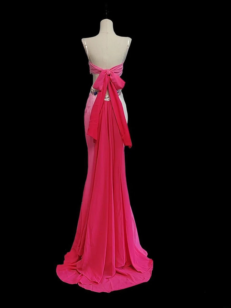 Robe de soirée longue sirène à fines bretelles, blanche et rose ombré, inspiration pour bal de fin d'année AS044