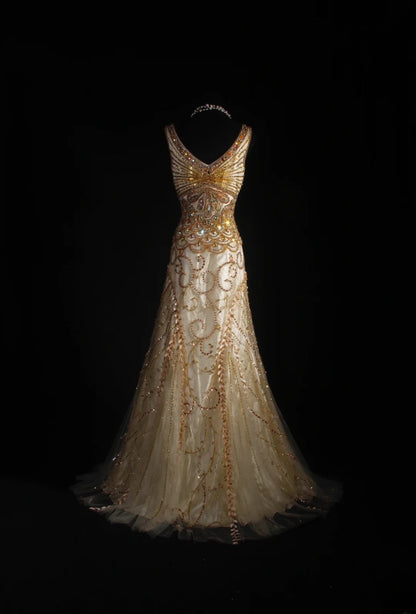 Robe de bal vintage années 90, coupe sirène, col en V, tulle doré orné de perles, robe de soirée longue AS044