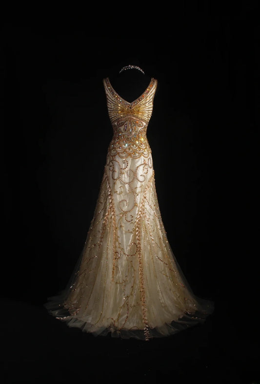 Vintage Prom Dresses 90s Formal Mermaid V Neck Tulle Gold With Beadings Long Party Gowns Prom Dresses AS044