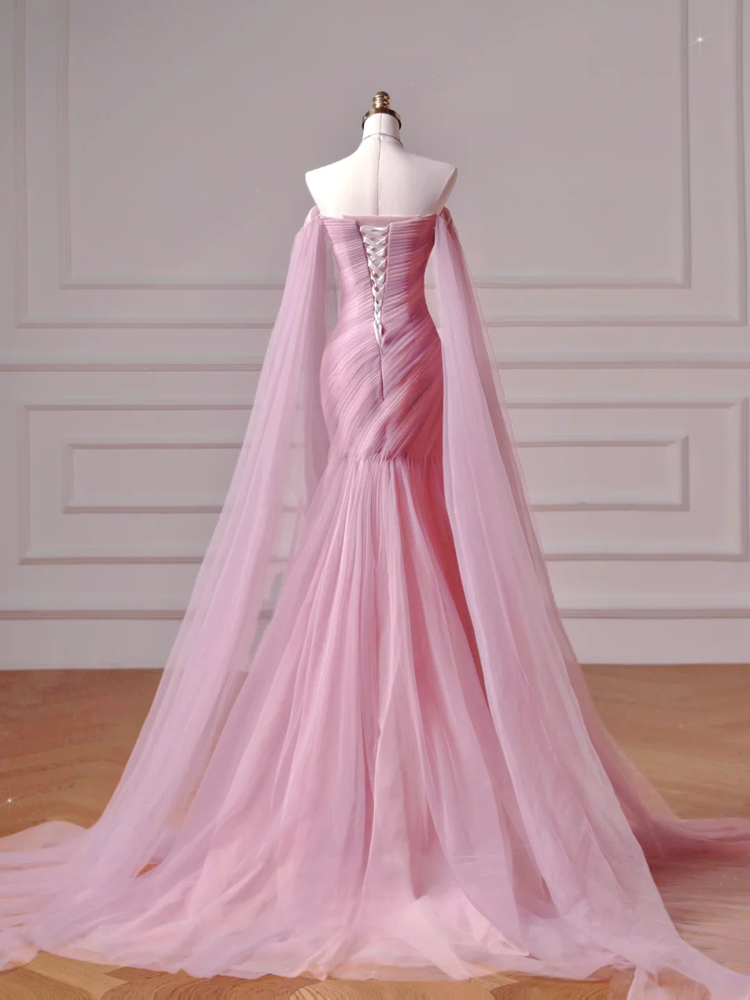 Robe de bal modeste, style sirène, épaules dénudées, en tulle rose, manches longues, idéale pour les adolescentes et les lycéennes (AQ044)