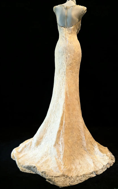 Robe de bal longue sexy sirène à col bateau en dentelle champagne sans manches pour femme, tenue de fin d'année scolaire (21 ans) AS044