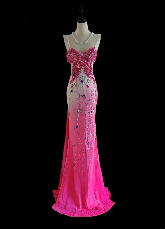 Modest Mermaid Spaghetti Strap White Ombre Pink Long Evening Dresses Inspo Senior Night Dance Prom Dress AS044