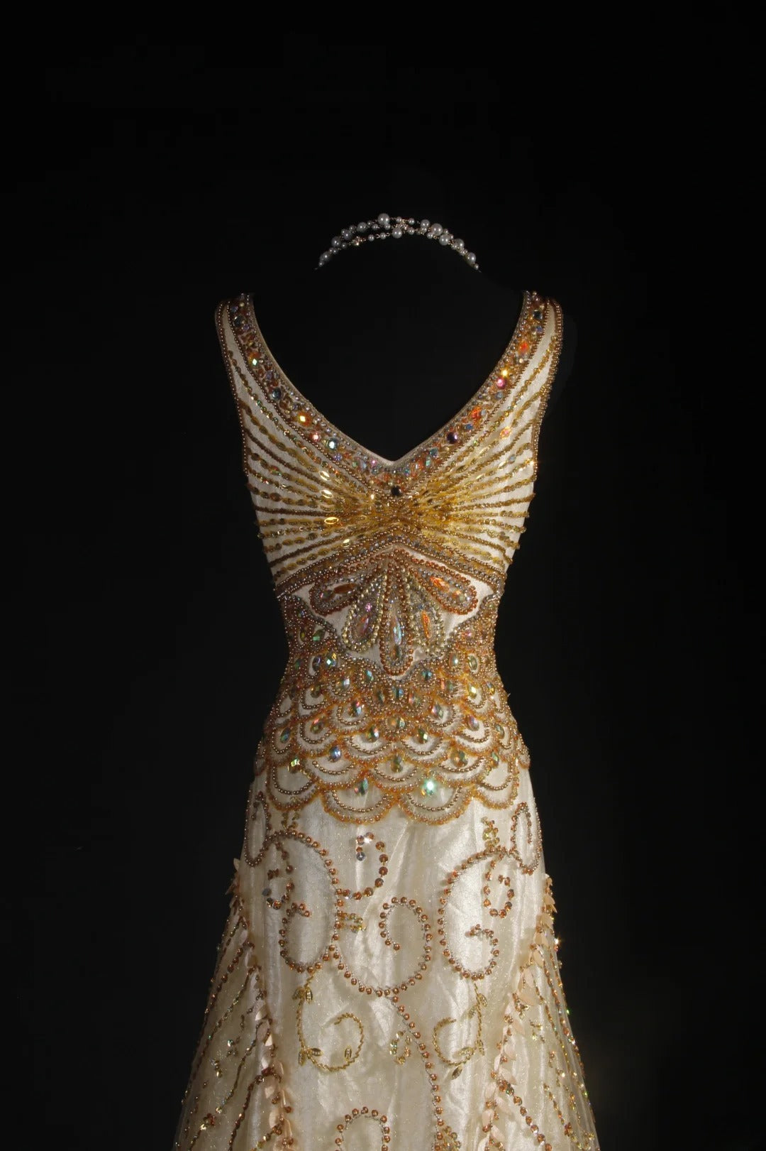 Robe de bal vintage années 90, coupe sirène, col en V, tulle doré orné de perles, robe de soirée longue AS044