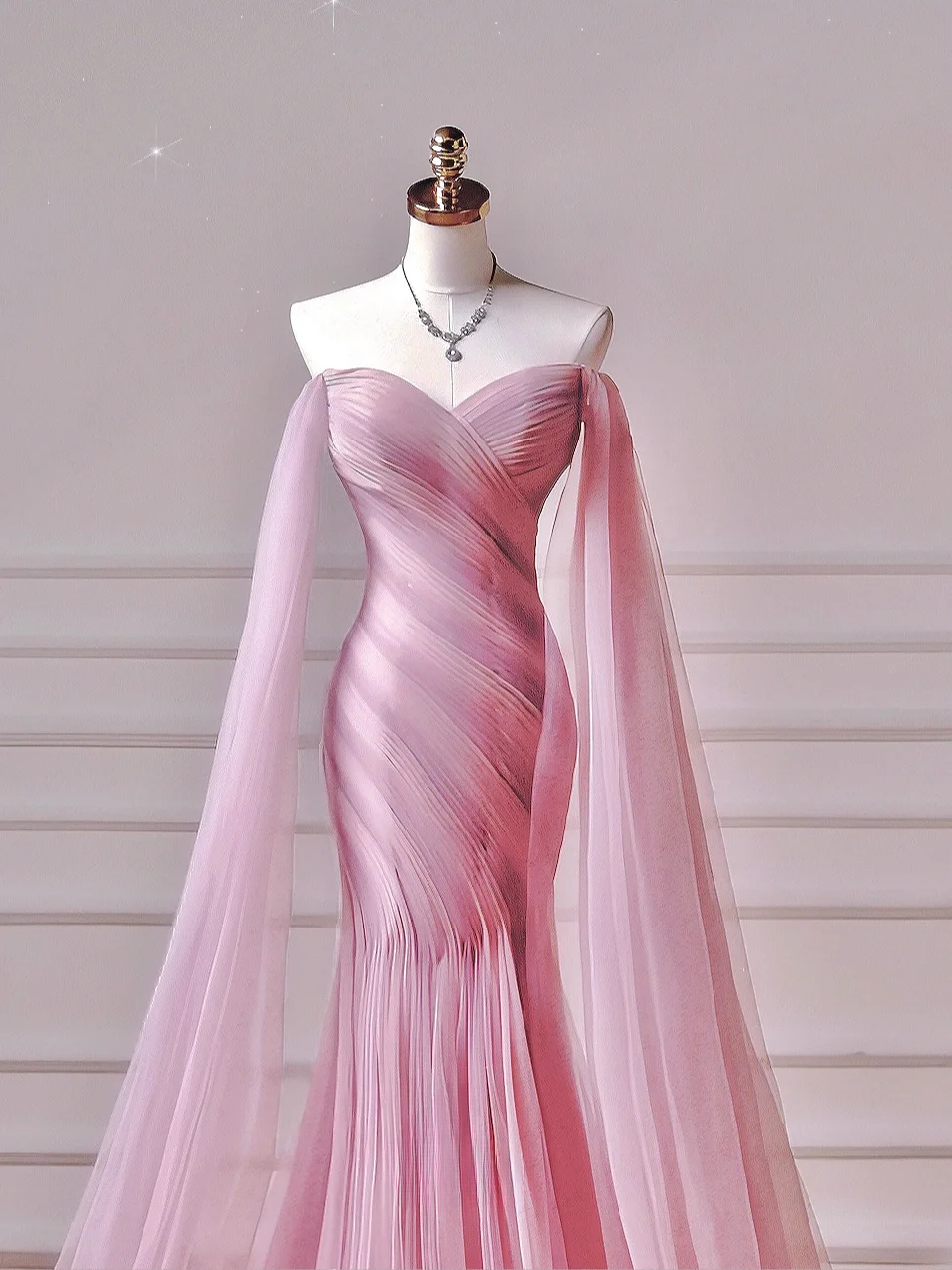 Robe de bal modeste, style sirène, épaules dénudées, en tulle rose, manches longues, idéale pour les adolescentes et les lycéennes (AQ044)
