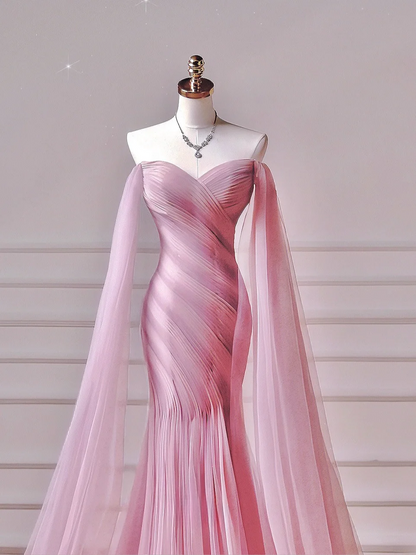 Robe de bal modeste, style sirène, épaules dénudées, en tulle rose, manches longues, idéale pour les adolescentes et les lycéennes (AQ044)