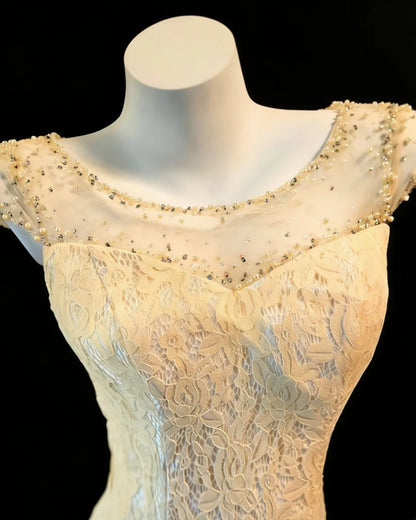 Robe de bal longue sexy sirène à col bateau en dentelle champagne sans manches pour femme, tenue de fin d'année scolaire (21 ans) AS044