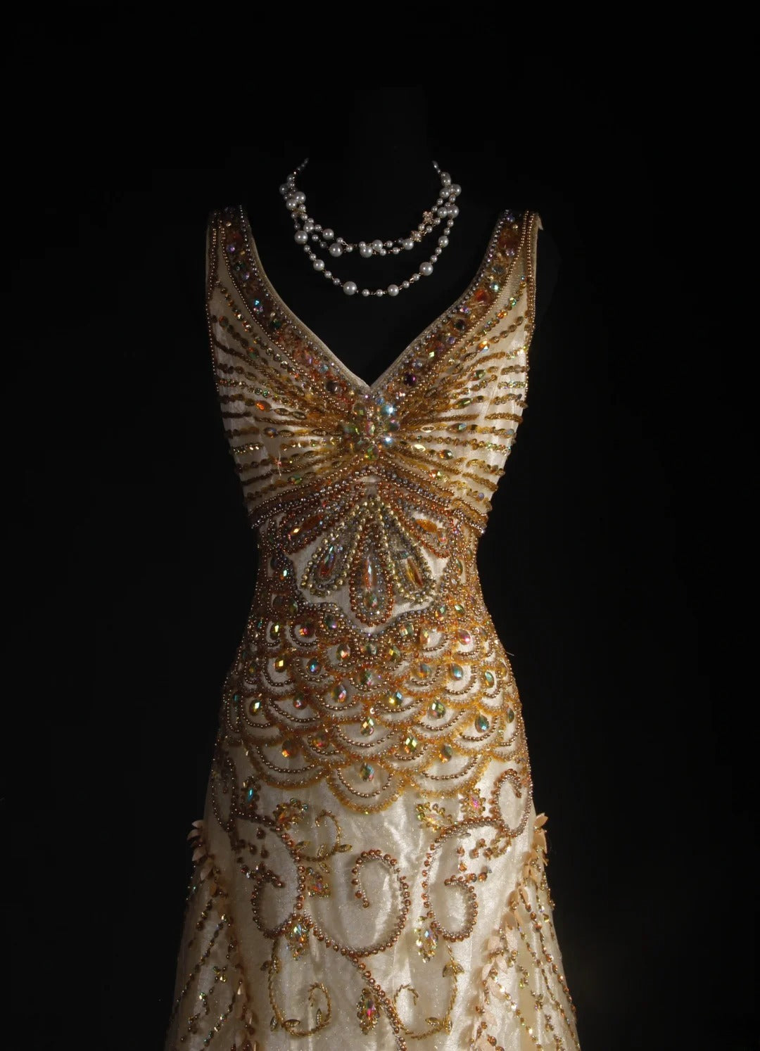 Robe de bal vintage années 90, coupe sirène, col en V, tulle doré orné de perles, robe de soirée longue AS044