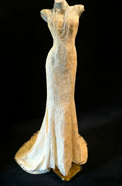 Robe de bal longue sexy sirène à col bateau en dentelle champagne sans manches pour femme, tenue de fin d'année scolaire (21 ans) AS044