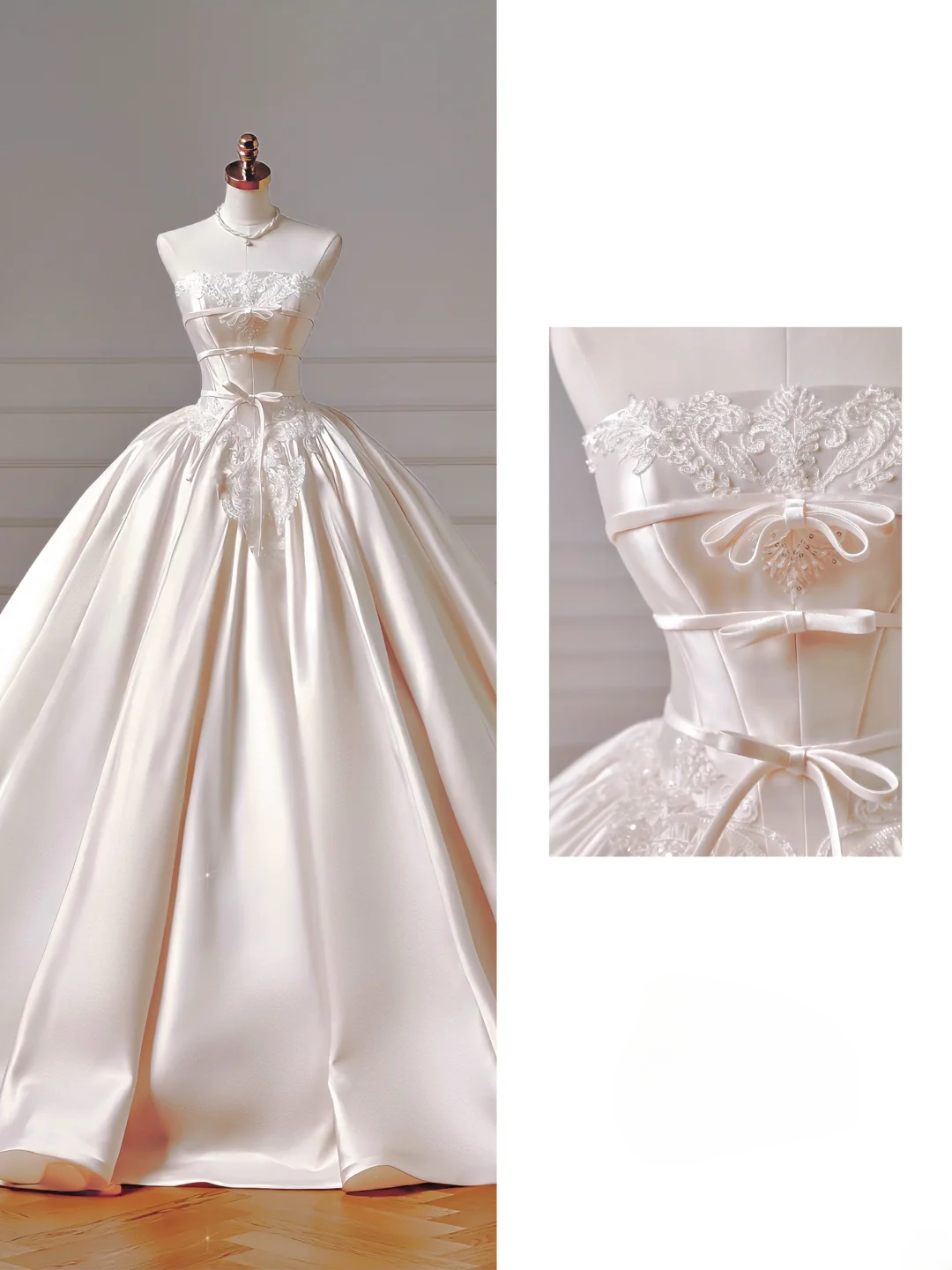 Princess Long Wedding Gowns Ball Gown Strapless Sleeveless Satin For Bride With Lace Appliques Train Bridal Dresses AQ045