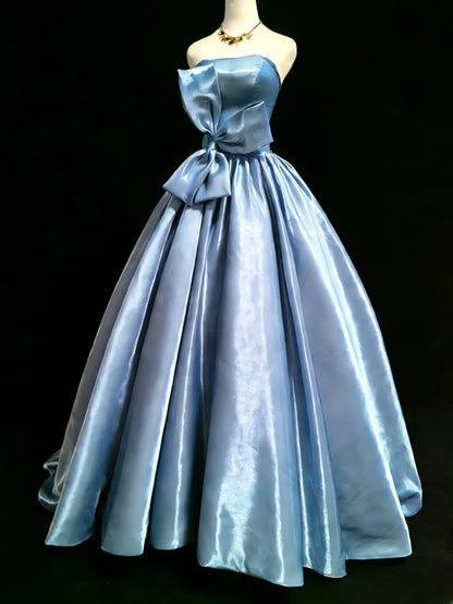 Niedliches, trägerloses, ärmelloses, blaues Ballkleid mit Schleife, langes Kleid für Quinceañera, Sweet 15 und 16 Geburtstag, AS045