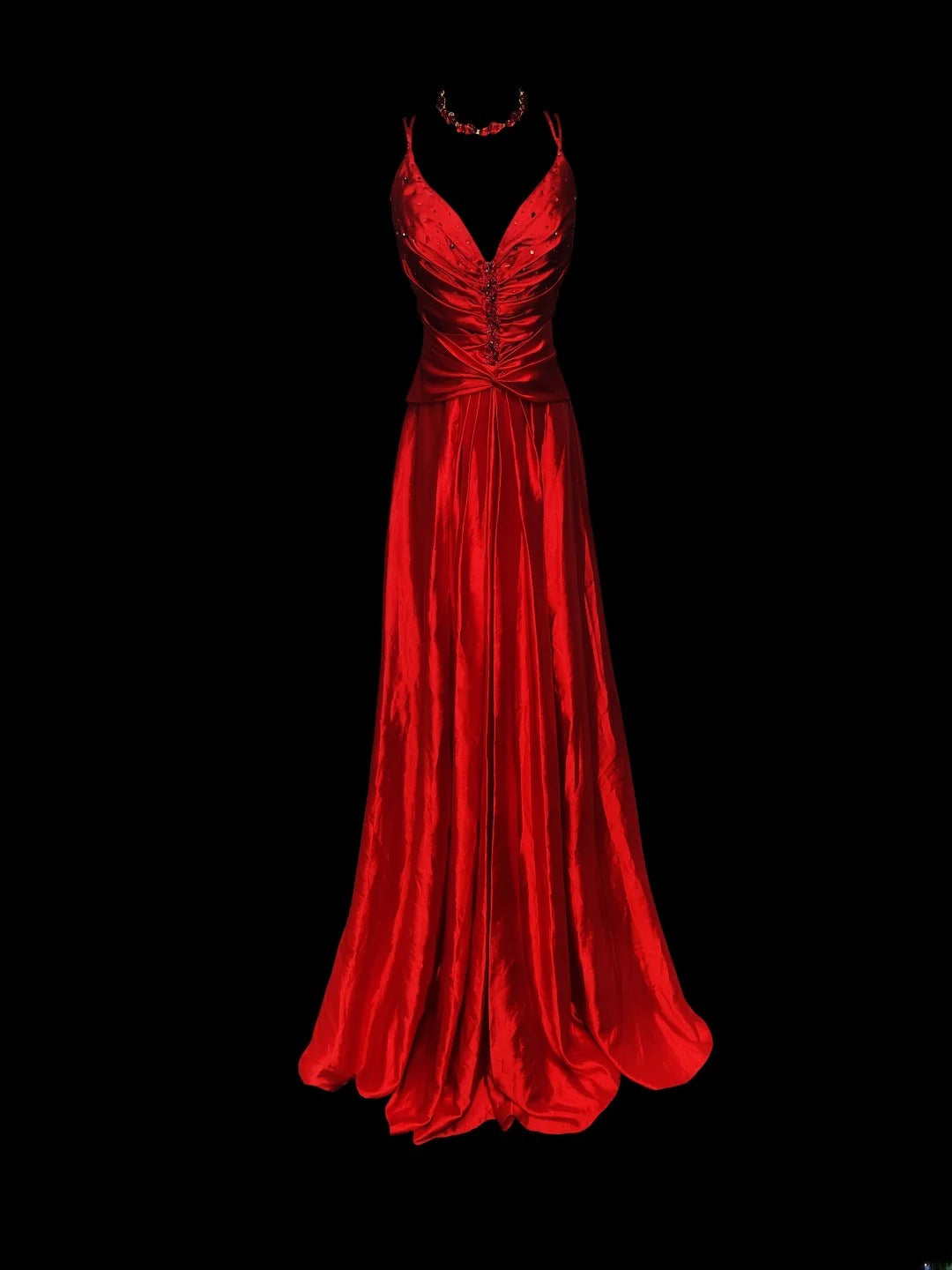 Robe de bal longue sans manches en satin rouge satiné, coupe trapèze, bretelles spaghetti, style rétro années 60, ornée de perles. Tenue idéale pour la soirée dansante de fin d'études secondaires (AS045).