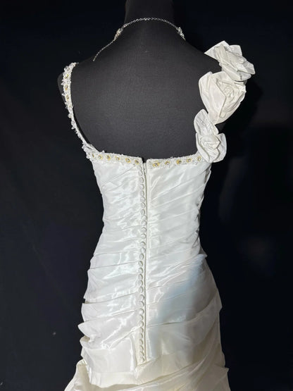 Robe de mariée sirène bohème sans manches en dentelle blanche plissée satin long vintage années 70 AS045