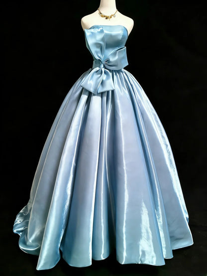 Niedliches, trägerloses, ärmelloses, blaues Ballkleid mit Schleife, langes Kleid für Quinceañera, Sweet 15 und 16 Geburtstag, AS045