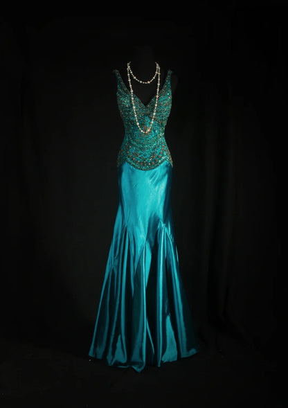 Vintage Prom Dresses 90s Formal Mermaid V Neck Silk Satin With Beadings Long Party Gowns Prom Dresses AS045