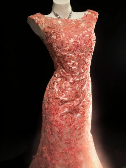 Sexy Meerjungfrauen-Abendkleid aus korallenfarbenem Tüll, ärmellos, für Damen, langes Ballkleid, Outfit für den 21. Geburtstag, Oberstufenschülerin, AS046