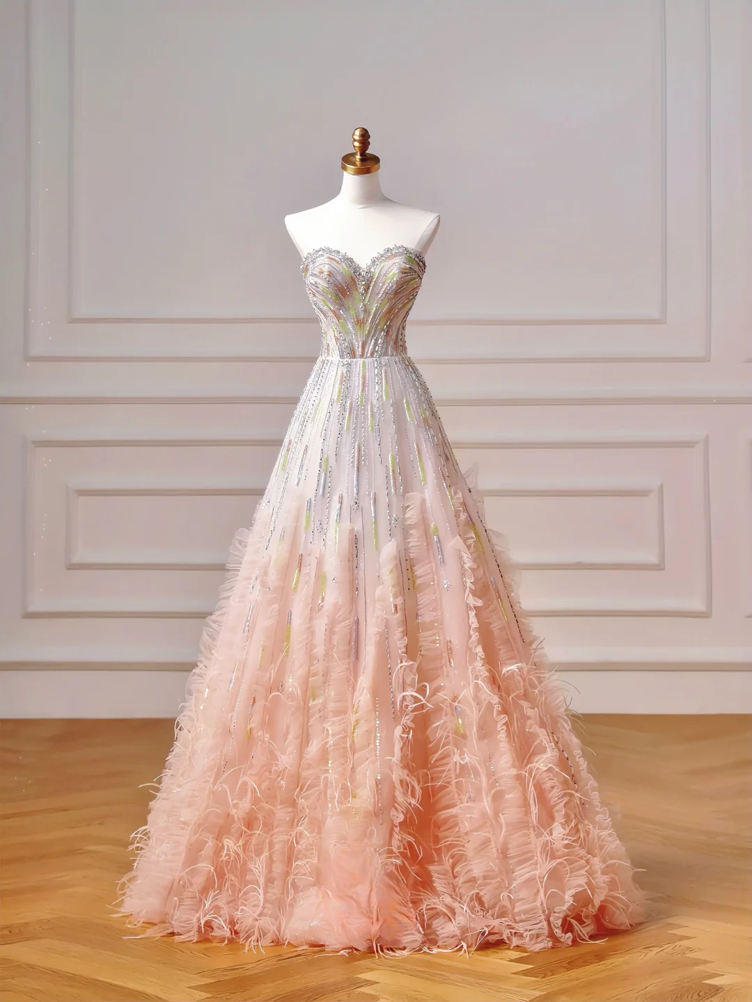 Sparkly Prom Dresses Aesthetic Ball Gown Sweetheart Ombre Pink With Beads Feathers Inspo Impress Long Party Formal Gown For Teenagers High Schools AQ046