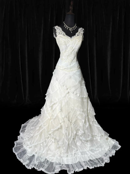Robe de mariée longue et rustique style années 70, robe de bal unique à col en V, style bohème, avec dentelle, coupe ajustée, tailles petites et grandes (AS046)
