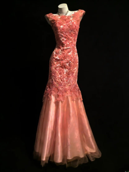 Sexy Meerjungfrauen-Abendkleid aus korallenfarbenem Tüll, ärmellos, für Damen, langes Ballkleid, Outfit für den 21. Geburtstag, Oberstufenschülerin, AS046