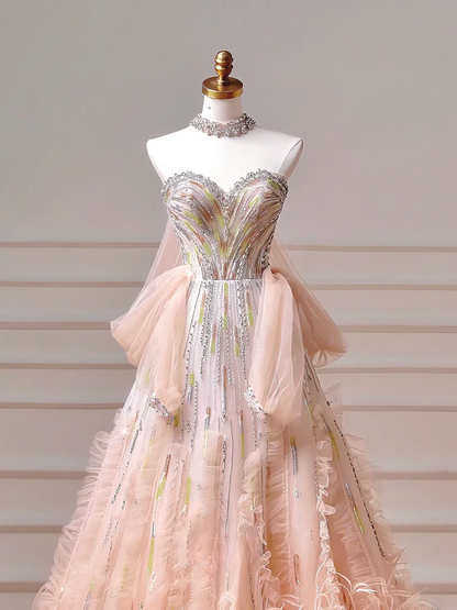 Sparkly Prom Dresses Aesthetic Ball Gown Sweetheart Ombre Pink With Beads Feathers Inspo Impress Long Party Formal Gown For Teenagers High Schools AQ046