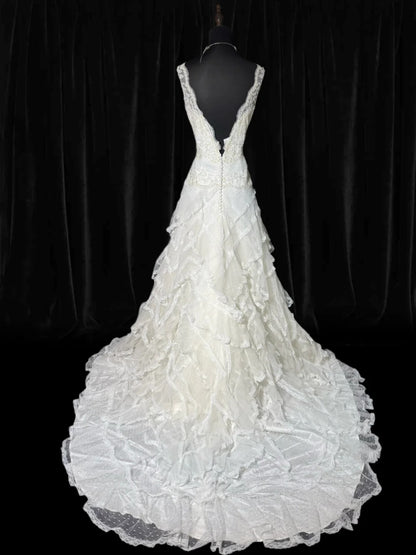 Robe de mariée longue et rustique style années 70, robe de bal unique à col en V, style bohème, avec dentelle, coupe ajustée, tailles petites et grandes (AS046)