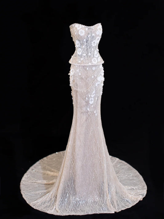 Wedding Gowns Dresses Romantic Mermaid for Bride Sweetheart With Lace Sequin White Petite/Plus Size Bridal Gown For Women SA047