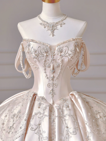 Prinzessinnen-Brautkleid, langes Ballkleid, ärmellos, hellrosa Satin, mit Perlen und Schleppe, AQ047
