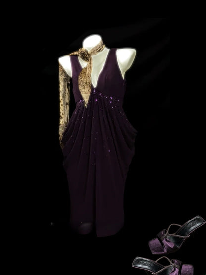 Jolie Robe Courte de Bal de Promo en Chiffon Violet Col V pour Adolescentes, Inspiration Tenues de Rentrée des Lycéennes RB3450