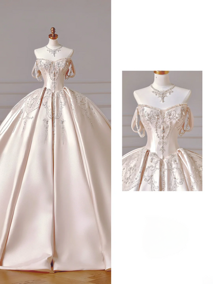 Prinzessinnen-Brautkleid, langes Ballkleid, ärmellos, hellrosa Satin, mit Perlen und Schleppe, AQ047