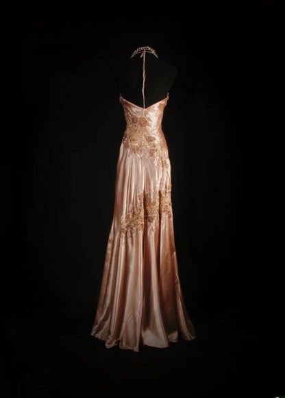 Cocktailkleid für Damen, Meerjungfrauen-Stil, Neckholder, rosafarbener Satin, lang, für Abschlussfeier, Ballkleid AS048